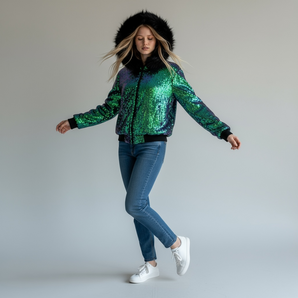 Sequin Green Jacket with Faux Fur Trim Hood