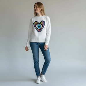 Blue Sequin Heart and Eye  Embellished White Sweat-top