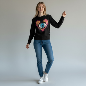 Pink Sequin Heart and Eye  Embellished Black Sweat-top