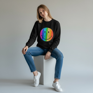 Smiley Face Sequin Embellished Black Sweat-top