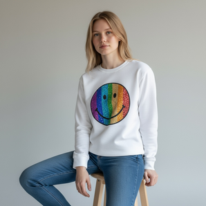 Smiley Face Sequin Embellished White Sweat-top