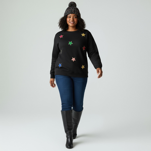 Sequin Stars Embellished Black Sweat-top