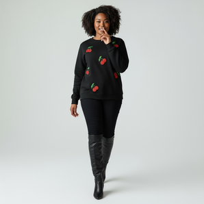Sequin Cherrys Embellished Black Sweat-top