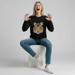 Sequin Tiger Embellished Black Sweat-top
