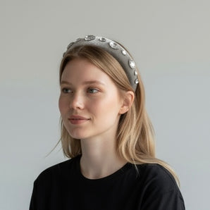 Grey Velvet Hand Embellished Gem Stone Headband