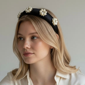 Black Satin Hand Embellished Faux pearl flower Headband