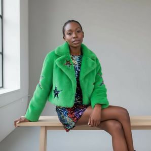 Bamboo Blend Faux Fur Sequin Star Green Cropped Jacket