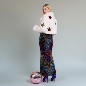 Bamboo Blend Faux Fur Sequin Star White Cropped Jacket