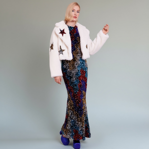 Bamboo Blend Faux Fur Sequin Star White Cropped Jacket