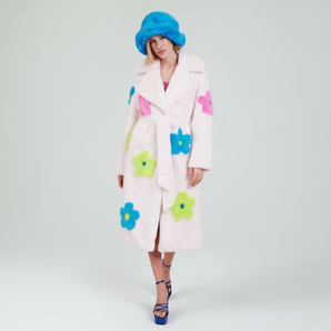 Bamboo Blend Handmade Flower Detailed Long White Jacket