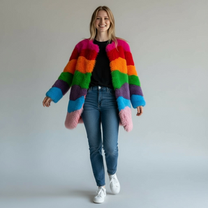 Bamboo Blend Faux Fur rainbow Mid Length Coat