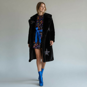 Bamboo Blend Faux Fur Sequin Star Long Black Jacket
