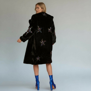 Bamboo Blend Faux Fur Sequin Star Long Black Jacket