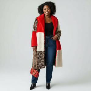 Faux Fur full length Red and Animal Print Panel Jacket