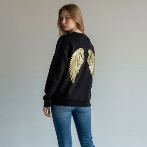 Sequin Gold Wings Embellished Black Sweat-top