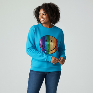 Sequin Smiley Embellished Turquoise Sweat-top