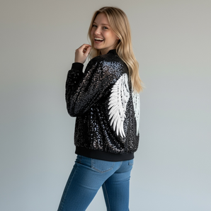 Sequin Jacket Black with Silver Wings Design