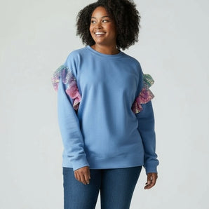 Sequin Rainbow Shoulder Ruffles Light Blue Sweat-top
