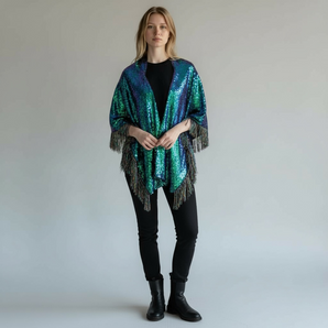Sequin Mermaid Green Kimono with Tinsel Fringing