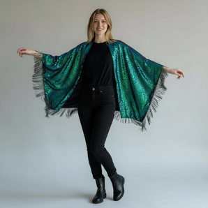 Sequin Mermaid Green Kimono with Tinsel Fringing
