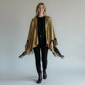 Sequin Gold Kimono with Black Sequin Fringing