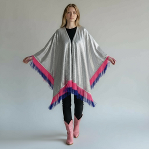 Silver Sequin Kimono with Pink and Purple Fringe