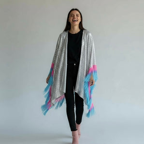 Silver Sequin Kimono with Pink and Blue Fringe