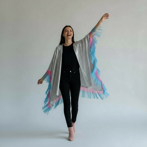 Silver Sequin Kimono with Pink and Blue Fringe