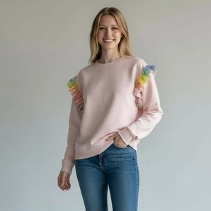 Sequin Rainbow Shoulder Ruffles Light Pink Sweat-top