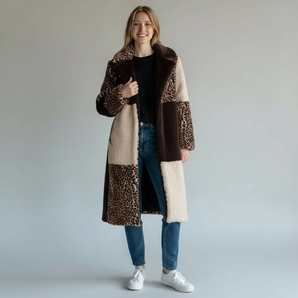 Faux Fur full length Animal Print Panel Jacket