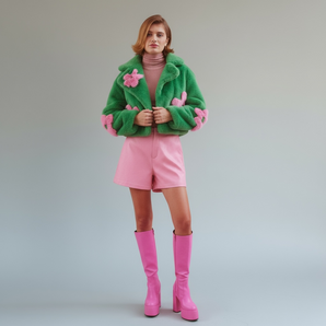 Bamboo Blend Faux Fur Green and Pink Flower Design Cropped Jacket