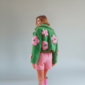 Bamboo Blend Faux Fur Green and Pink Flower Design Cropped Jacket