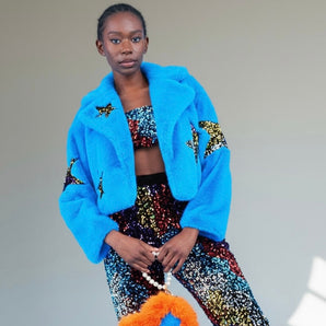 Bamboo Blend Faux Fur Sequin Star Turquoise Cropped Jacket