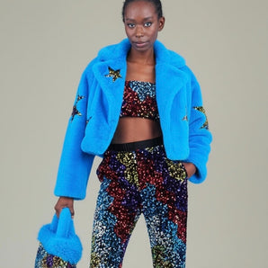 Bamboo Blend Faux Fur Sequin Star Turquoise Cropped Jacket