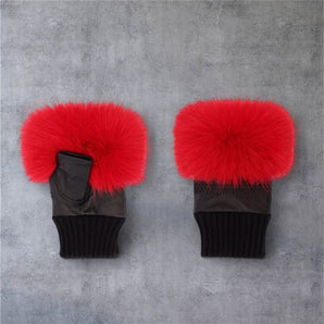 Fingerless Real leather Red faux Fur Gloves