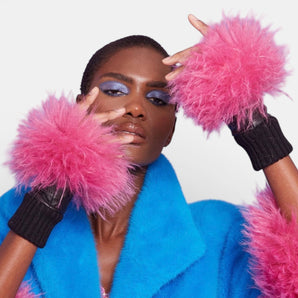 Fingerless Real leather Pink faux Fur Gloves