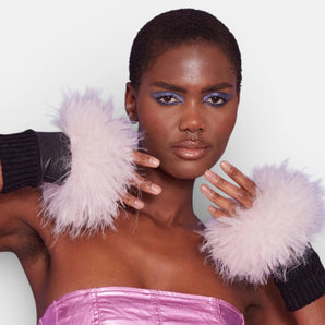 Fingerless Real leather Blush Pink faux Fur Gloves