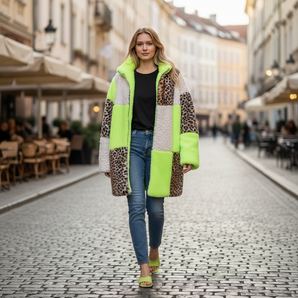 Faux Fur Mid length Animal Print Panel Jacket