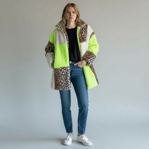 Faux Fur Mid length Animal Print Panel Jacket