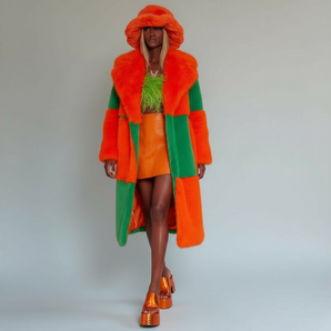 Green and Orange check Bamboo Blend Faux Fur Long Coat