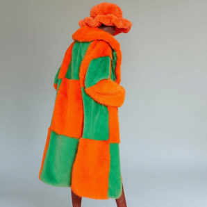 Green and Orange check Bamboo Blend Faux Fur Long Coat