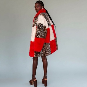 Faux Fur Mid length Animal Print Panel Jacket
