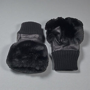 Fingerless Real leather Black faux Fur Gloves