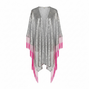 Silver Sequin Kimono with Rainbow Fringe