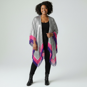 Silver Sequin Kimono with Pink and Purple Tassel Fringe