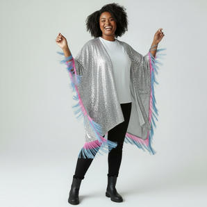 Silver Sequin Kimono with Pink and Blue Tassel Fringe