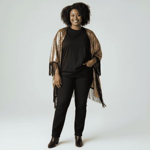 Sequin Gold Kimono with Black tassel fringing