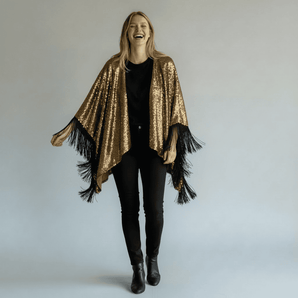 Sequin Gold Kimono with Black tassel fringing