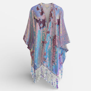 Heavy Weight Sequin Kimono Iridescent white and pink with large iridescent sequin tassels fringing