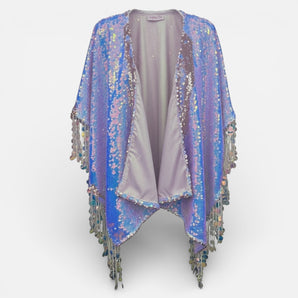 Heavyweight Sequin Kimono Iridescent White and Pink with large iridescent sequin tassels